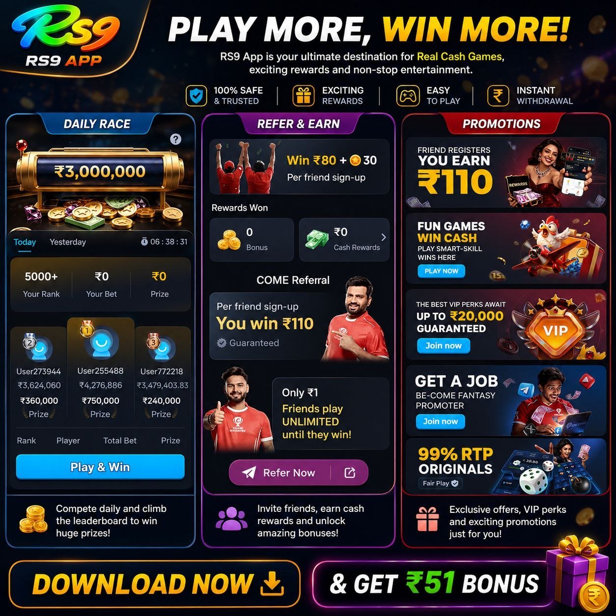 RS9 Game app interface showing daily race rewards, referral bonus offers, promotions, and cash gaming features.
