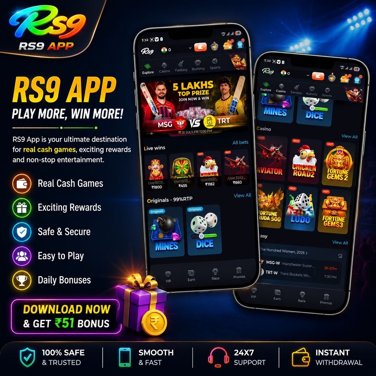 RS9 Casino and Sports app interface featuring casino games, sports betting options, bonuses, and instant withdrawal features.