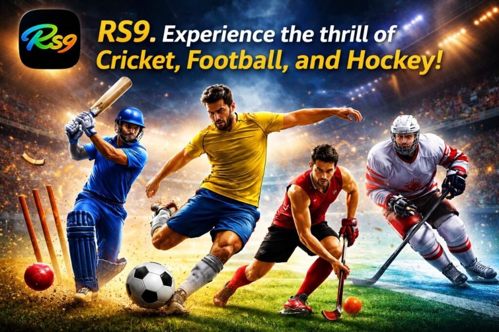 RS9 Sports platform banner featuring cricket, football, and hockey players in an action-packed stadium environment.